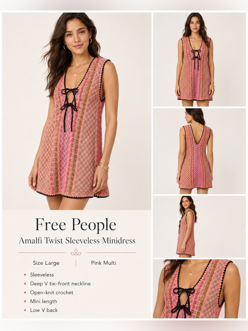 Free People Amalfi Twist Sleeveless Crochet Mini Dress Pink Multi Large